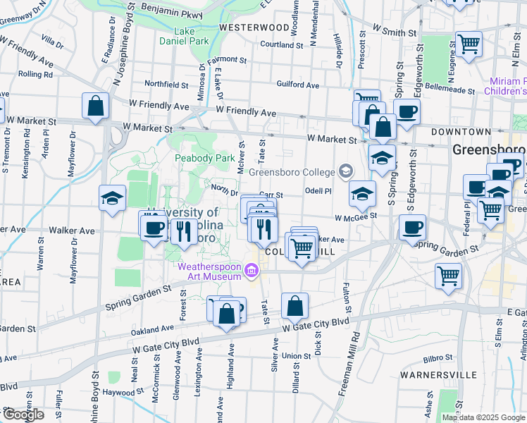 map of restaurants, bars, coffee shops, grocery stores, and more near 324 Tate Street in Greensboro