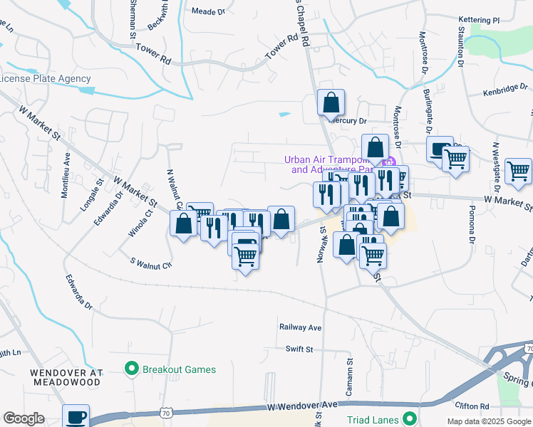 map of restaurants, bars, coffee shops, grocery stores, and more near in Greensboro