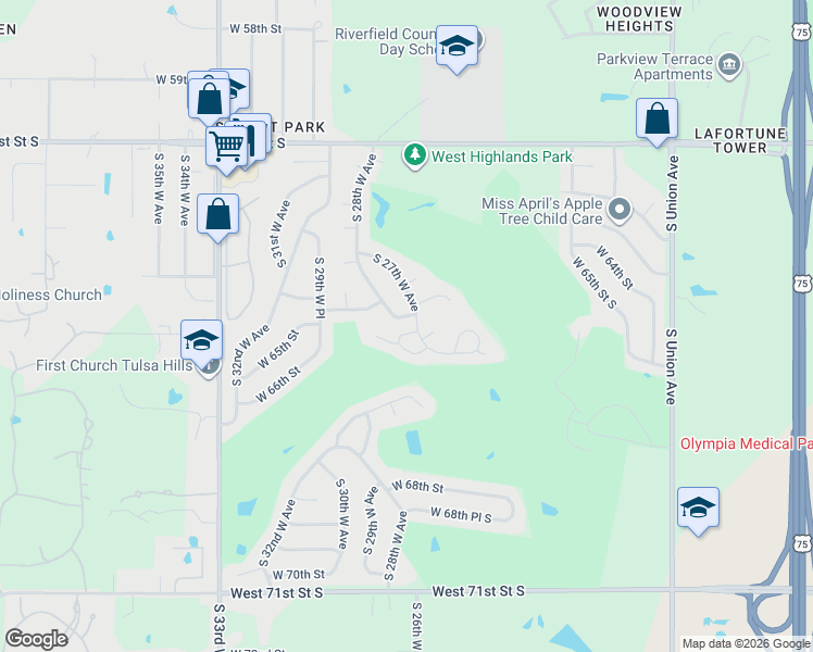 map of restaurants, bars, coffee shops, grocery stores, and more near 2718 West 65th Place in Tulsa