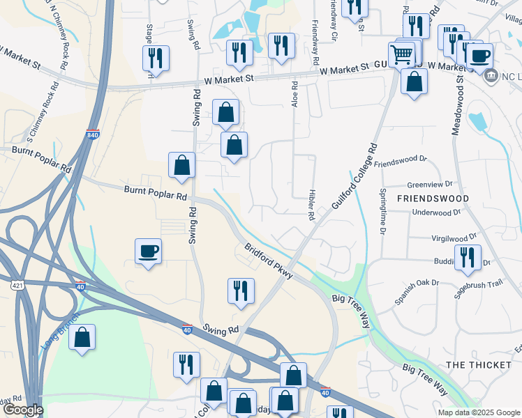 map of restaurants, bars, coffee shops, grocery stores, and more near 6234 Nile Place in Greensboro