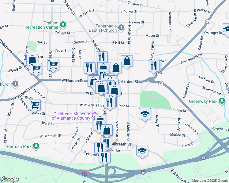 map of restaurants, bars, coffee shops, grocery stores, and more near 14 Northeast Court Square in Graham