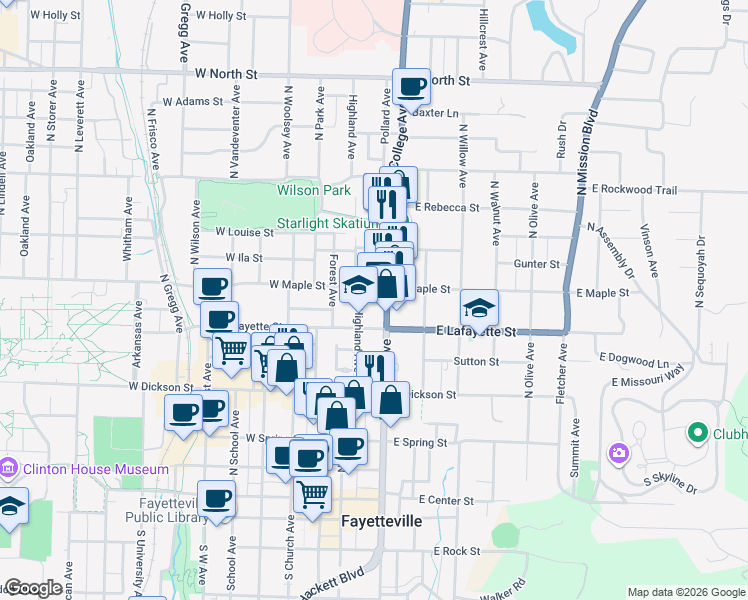 map of restaurants, bars, coffee shops, grocery stores, and more near 405 North College Avenue in Fayetteville