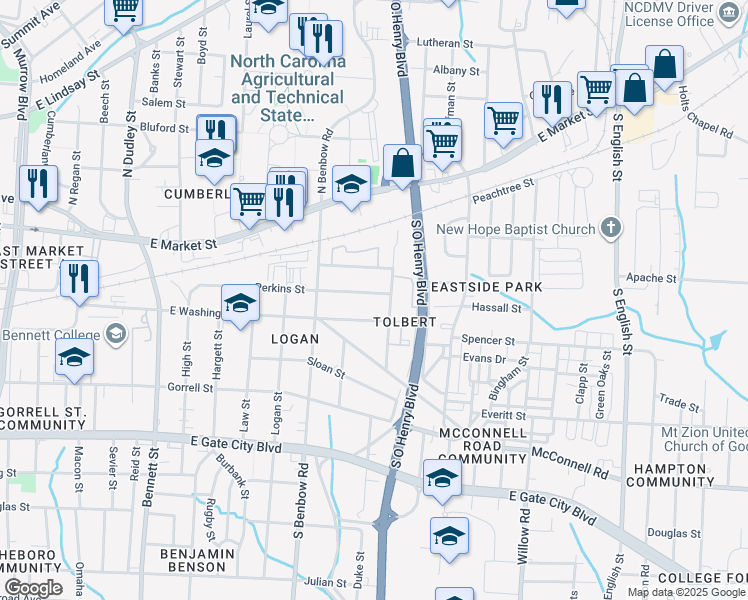 map of restaurants, bars, coffee shops, grocery stores, and more near 1425 East Washington Street in Greensboro