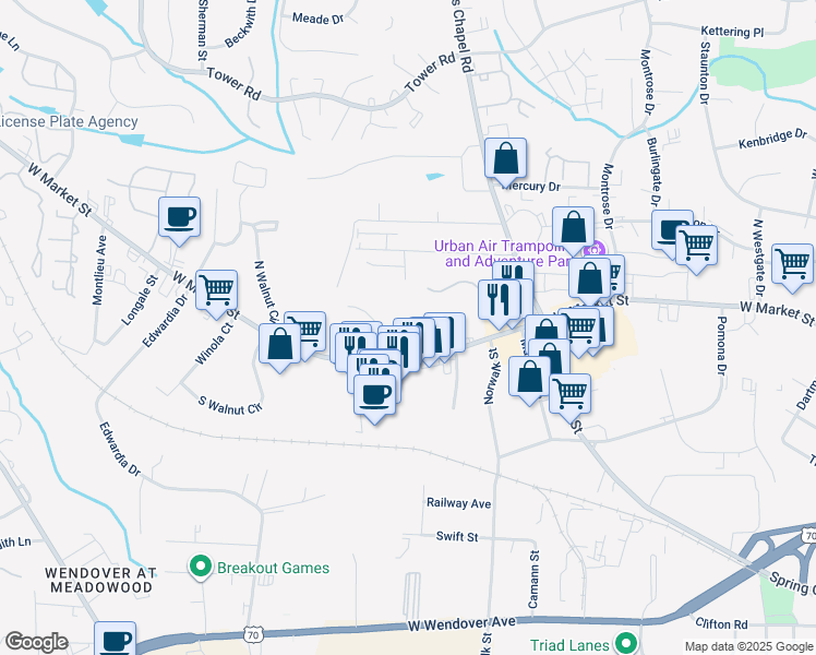 map of restaurants, bars, coffee shops, grocery stores, and more near 102 Thornton Court in Greensboro