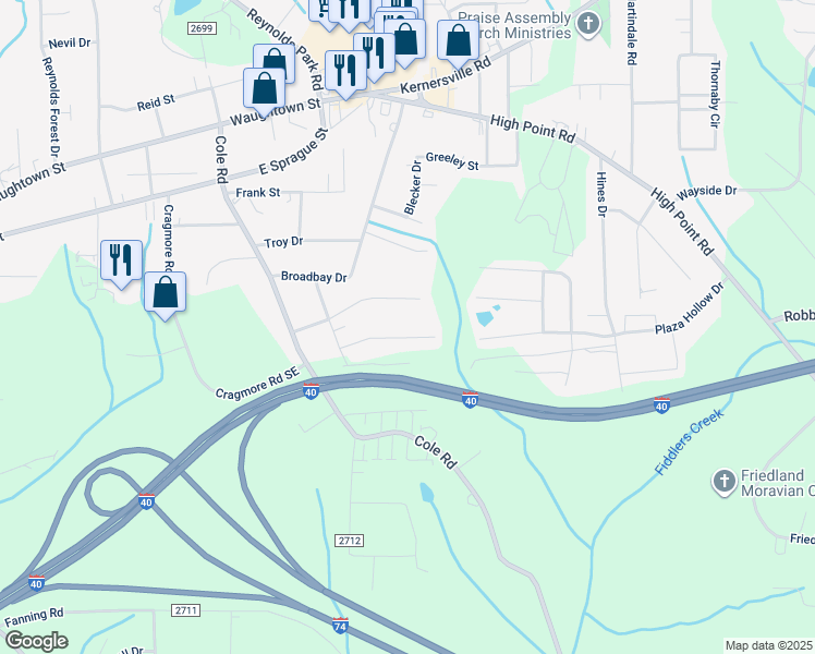 map of restaurants, bars, coffee shops, grocery stores, and more near 2933 Poinsetta Drive in Winston-Salem
