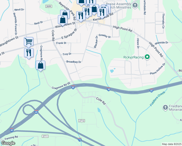 map of restaurants, bars, coffee shops, grocery stores, and more near 2925 Poinsetta Drive in Winston-Salem