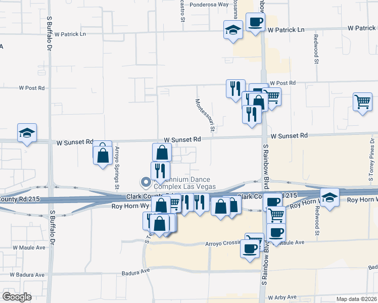 map of restaurants, bars, coffee shops, grocery stores, and more near 7255 West Sunset Road in Las Vegas