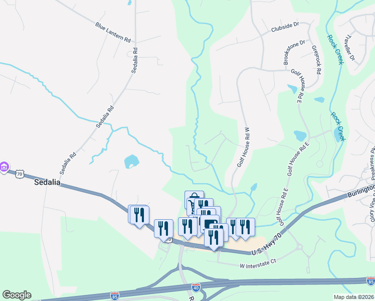 map of restaurants, bars, coffee shops, grocery stores, and more near 6203 Birdie Court in Whitsett