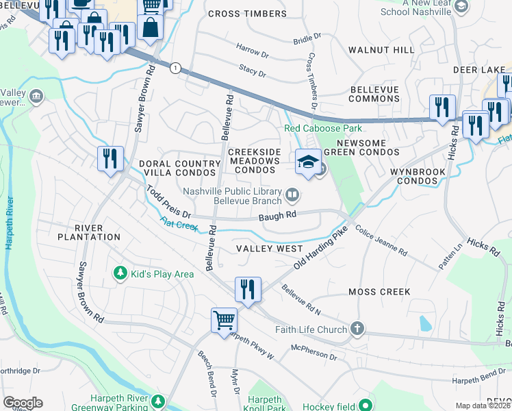 map of restaurants, bars, coffee shops, grocery stores, and more near 736 Baugh Road in Nashville