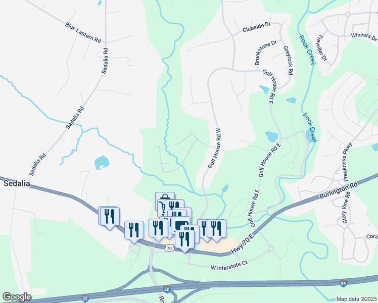 map of restaurants, bars, coffee shops, grocery stores, and more near 814 Creek Crossing Trail in Whitsett
