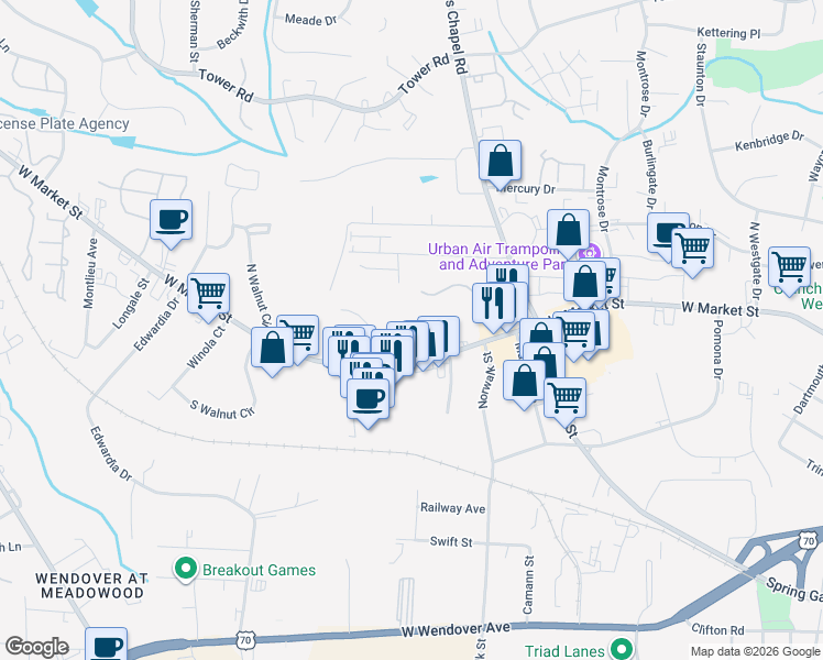 map of restaurants, bars, coffee shops, grocery stores, and more near in Greensboro