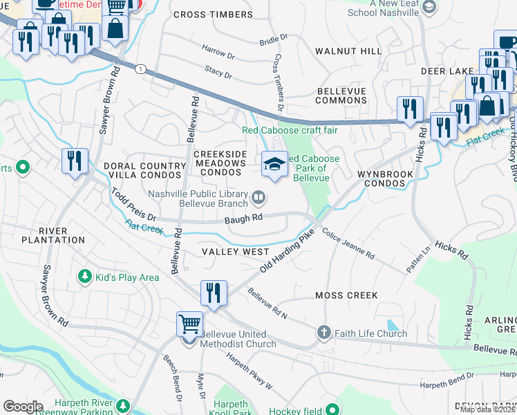 map of restaurants, bars, coffee shops, grocery stores, and more near 720 Baugh Road in Nashville