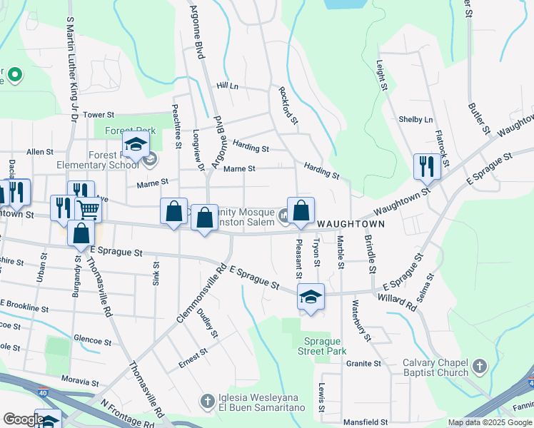 map of restaurants, bars, coffee shops, grocery stores, and more near 1424 Bretton Street in Winston-Salem
