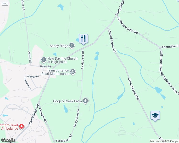 map of restaurants, bars, coffee shops, grocery stores, and more near 4718 Sandy Camp Road in High Point