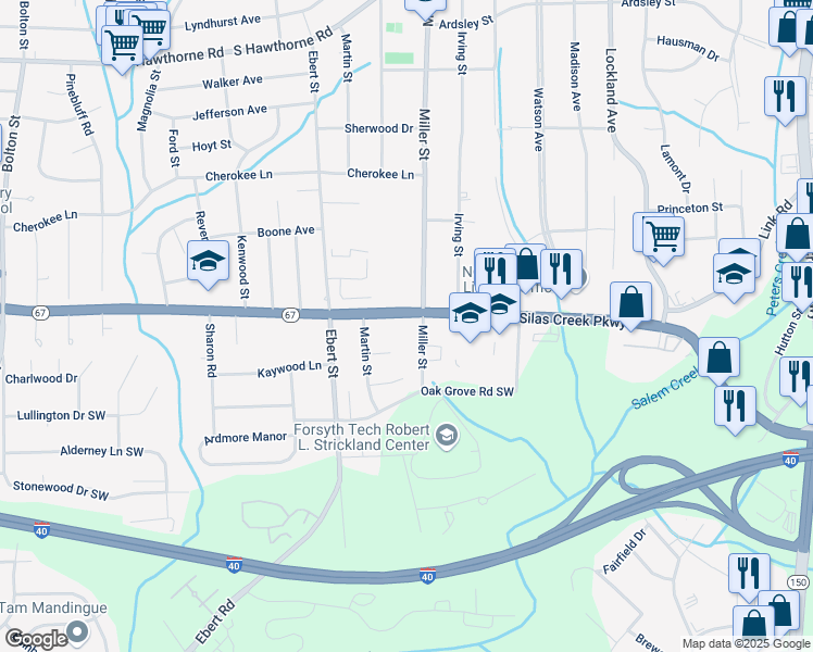 map of restaurants, bars, coffee shops, grocery stores, and more near 2200 Silas Creek Parkway in Winston-Salem