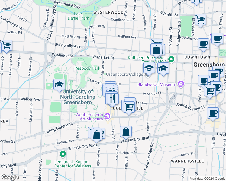 map of restaurants, bars, coffee shops, grocery stores, and more near 315 Tate Street in Greensboro