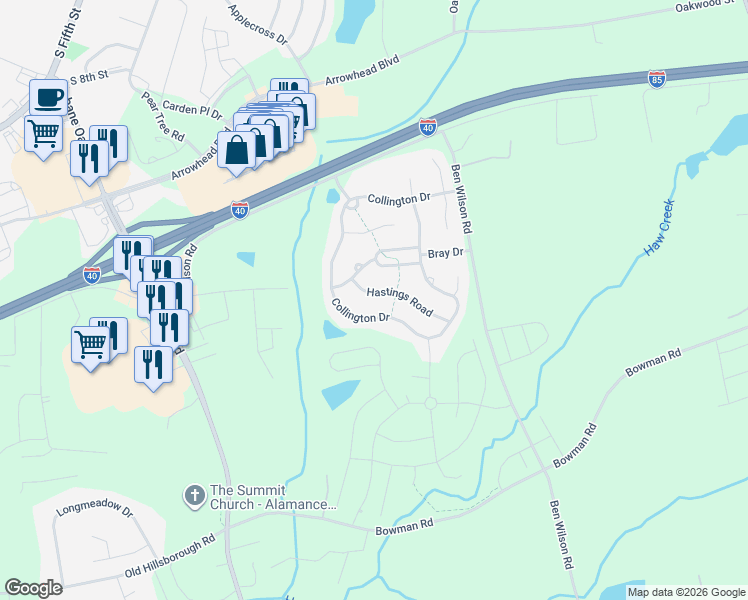 map of restaurants, bars, coffee shops, grocery stores, and more near 621 Collington Drive in Mebane
