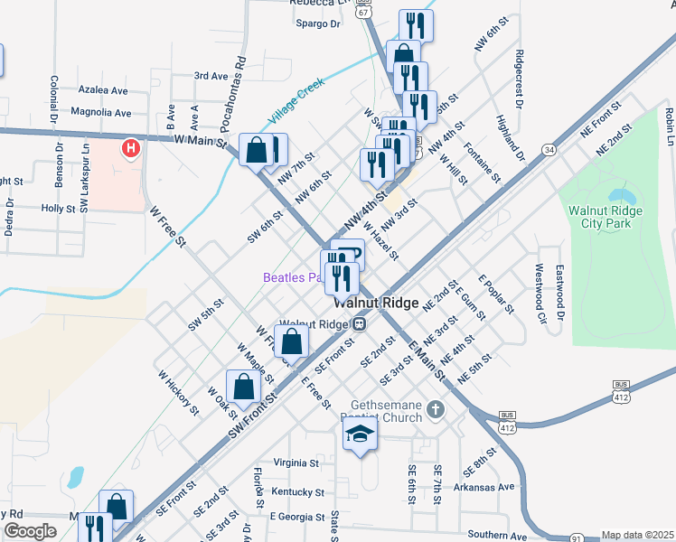map of restaurants, bars, coffee shops, grocery stores, and more near 100-118 Southwest 2nd Street in Walnut Ridge