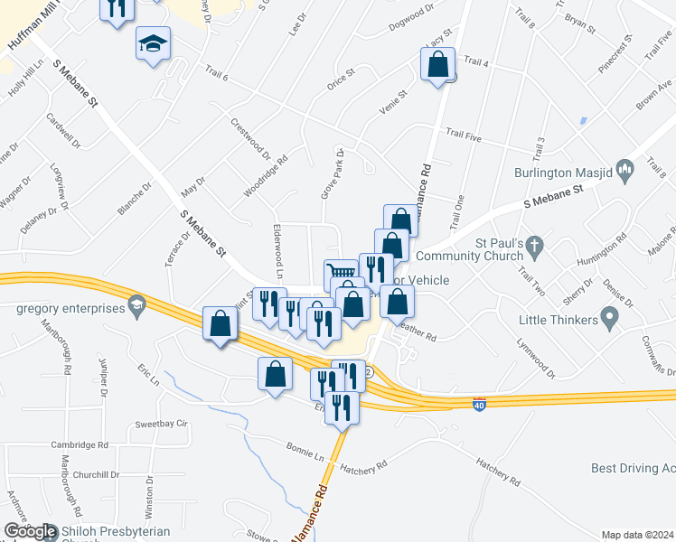 map of restaurants, bars, coffee shops, grocery stores, and more near 2703 Monticello Court in Burlington