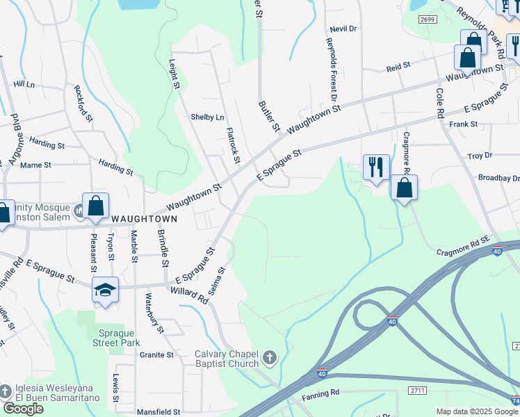 map of restaurants, bars, coffee shops, grocery stores, and more near 2309 Leight Street in Winston-Salem