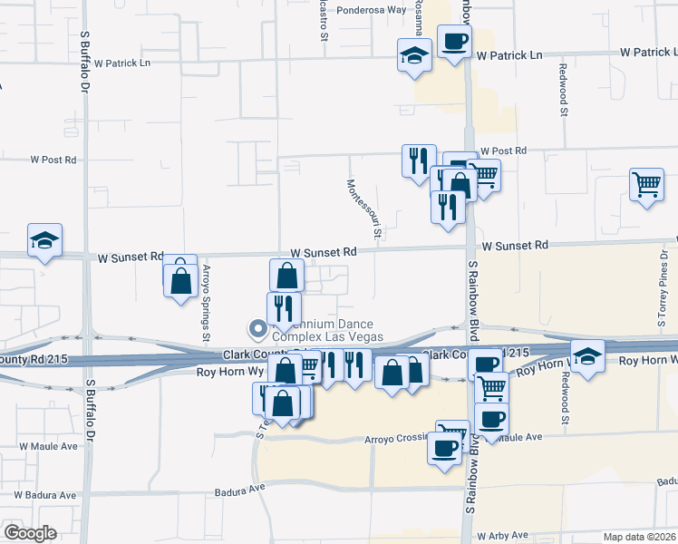 map of restaurants, bars, coffee shops, grocery stores, and more near 7255 West Sunset Road in Las Vegas