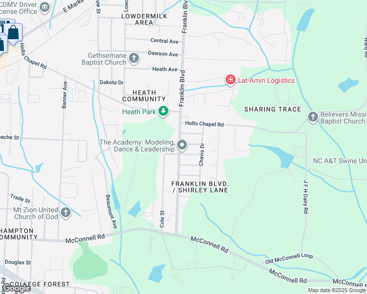 map of restaurants, bars, coffee shops, grocery stores, and more near 623 Franklin Boulevard in Greensboro