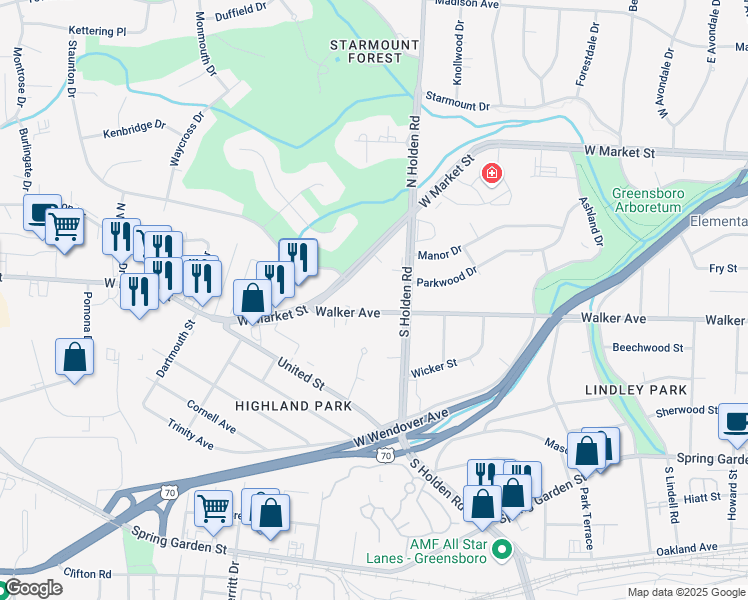map of restaurants, bars, coffee shops, grocery stores, and more near 4109 Walker Avenue in Greensboro
