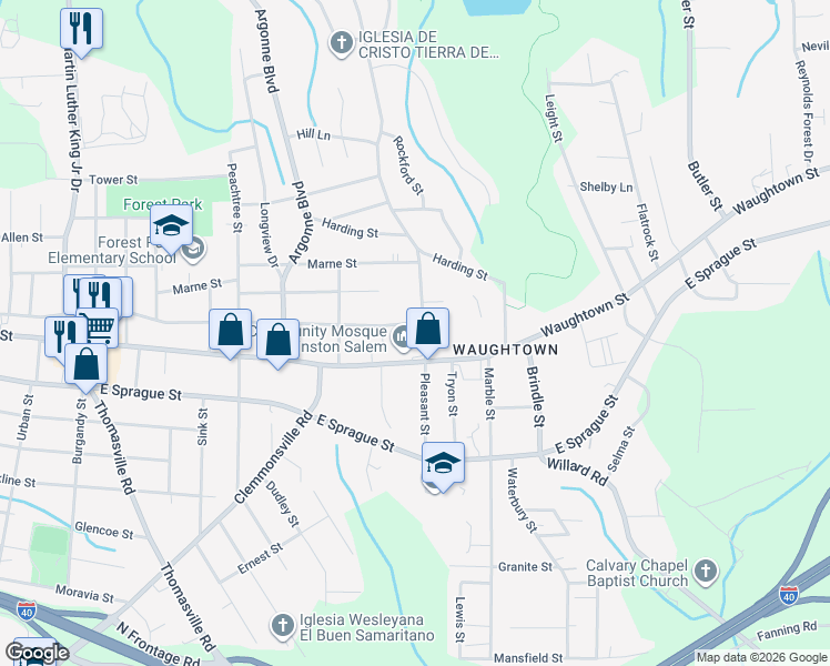 map of restaurants, bars, coffee shops, grocery stores, and more near 1501 Waughtown Street in Winston-Salem