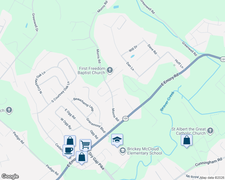 map of restaurants, bars, coffee shops, grocery stores, and more near 1849 Fleming Valley Lane in Knoxville