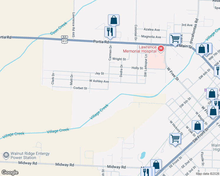map of restaurants, bars, coffee shops, grocery stores, and more near 505 Carmen Drive in Walnut Ridge