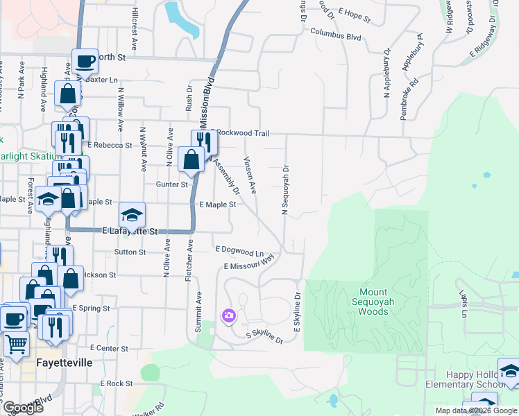 map of restaurants, bars, coffee shops, grocery stores, and more near 435 North Andrew Avenue in Fayetteville