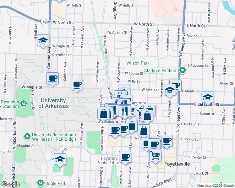 map of restaurants, bars, coffee shops, grocery stores, and more near 409 North West Avenue in Fayetteville
