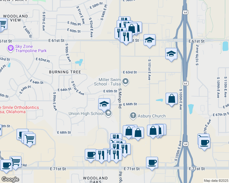 map of restaurants, bars, coffee shops, grocery stores, and more near 9508 East 65th Street in Tulsa