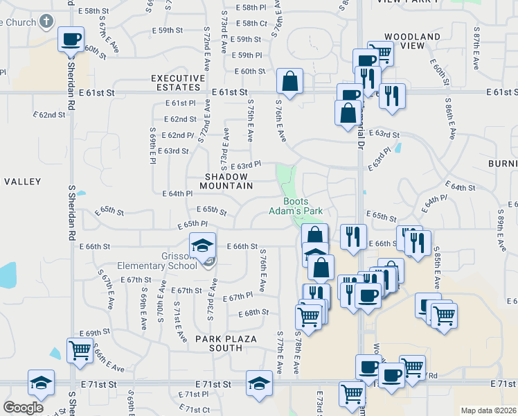 map of restaurants, bars, coffee shops, grocery stores, and more near 7516 East 65th Street in Tulsa