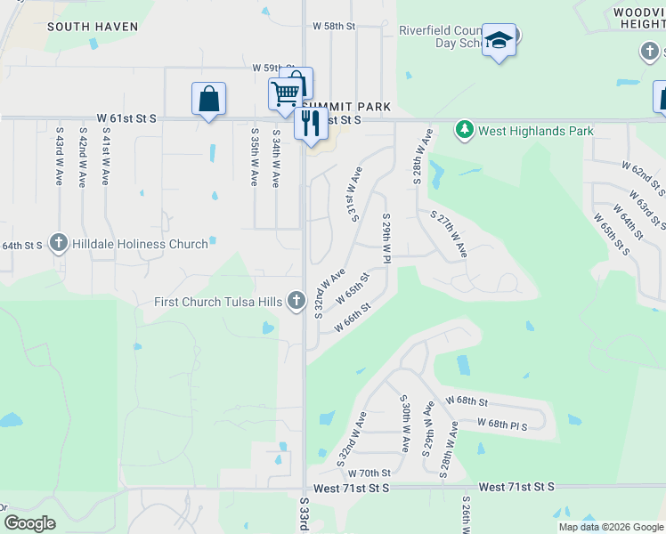 map of restaurants, bars, coffee shops, grocery stores, and more near 6452 South 32nd West Avenue in Tulsa