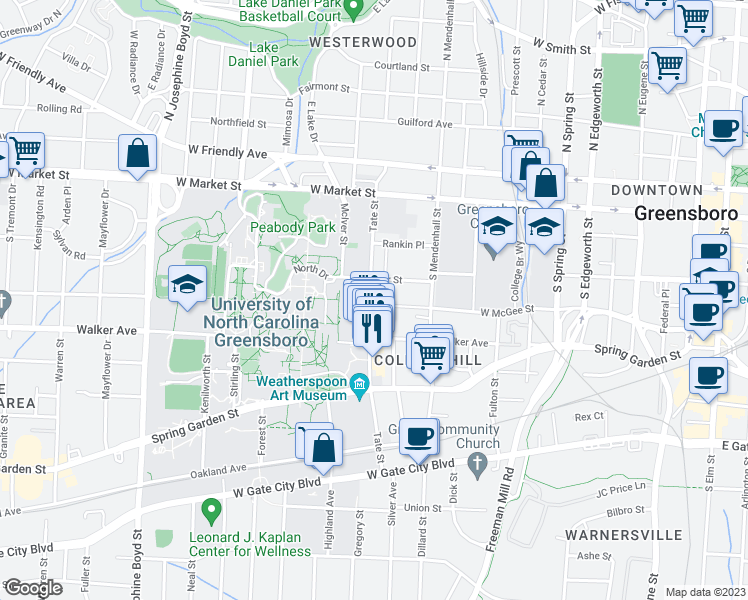 map of restaurants, bars, coffee shops, grocery stores, and more near 313 Tate Street in Greensboro