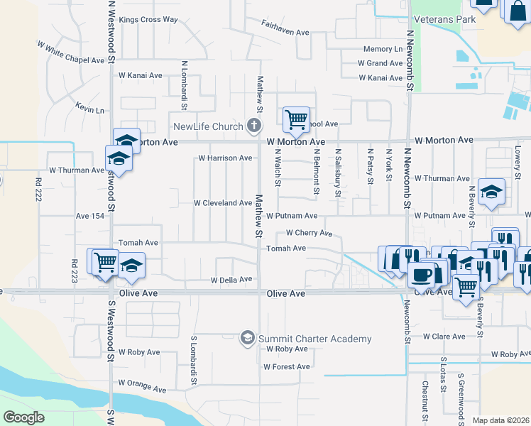 map of restaurants, bars, coffee shops, grocery stores, and more near 1958 West Cherry Avenue in Porterville