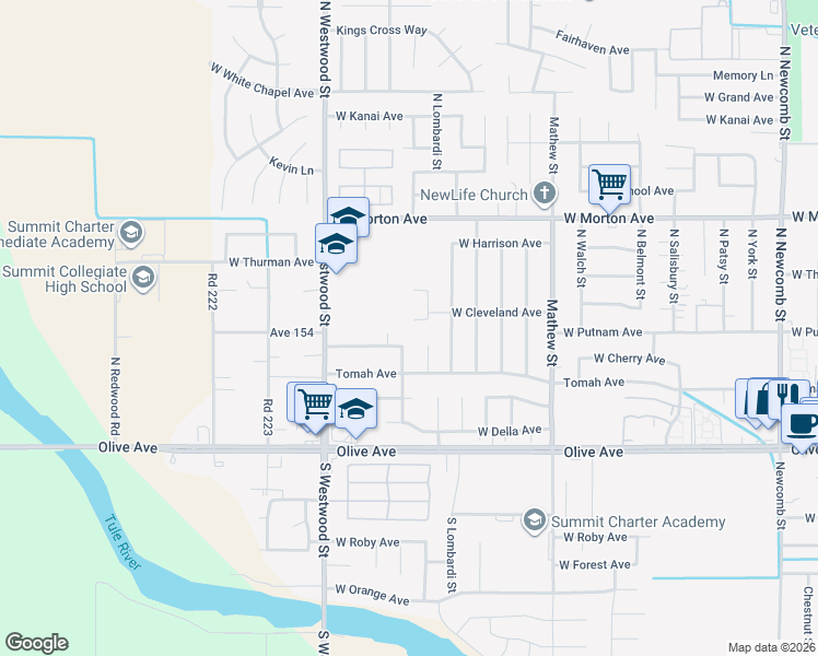 map of restaurants, bars, coffee shops, grocery stores, and more near 181-191 North Red Oak Drive in Porterville