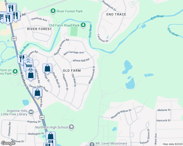 map of restaurants, bars, coffee shops, grocery stores, and more near 5318 Whippoorwill Street in Durham