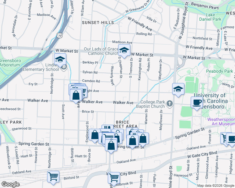 map of restaurants, bars, coffee shops, grocery stores, and more near in Greensboro