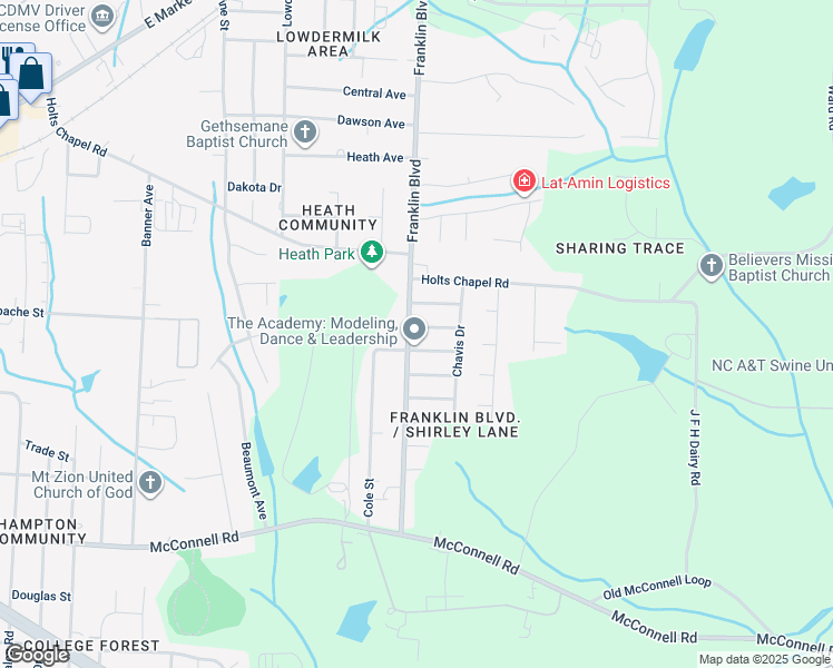 map of restaurants, bars, coffee shops, grocery stores, and more near 623 Franklin Boulevard in Greensboro