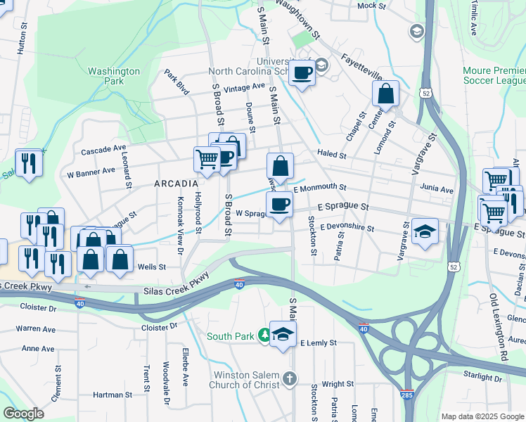 map of restaurants, bars, coffee shops, grocery stores, and more near 41 West Sprague Street in Winston-Salem