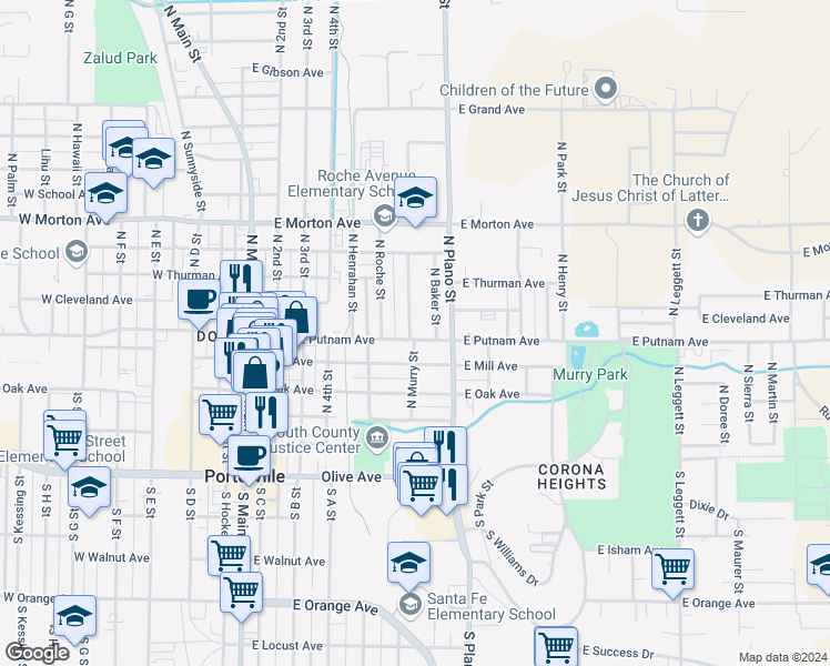 map of restaurants, bars, coffee shops, grocery stores, and more near 326 East Putnam Avenue in Porterville