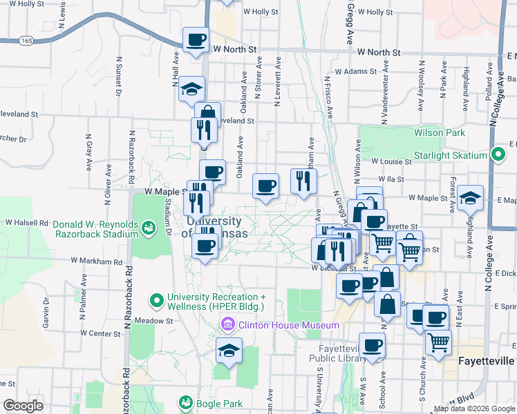 map of restaurants, bars, coffee shops, grocery stores, and more near Campus Drive in Fayetteville