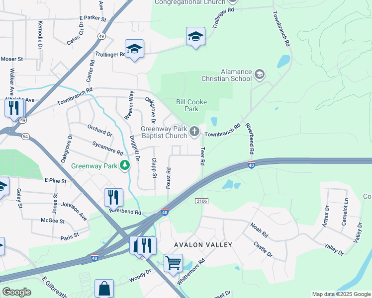 map of restaurants, bars, coffee shops, grocery stores, and more near 1038 Sycamore Road in Graham
