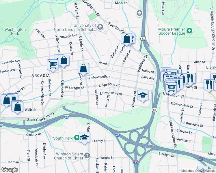 map of restaurants, bars, coffee shops, grocery stores, and more near 125 East Devonshire Street in Winston-Salem