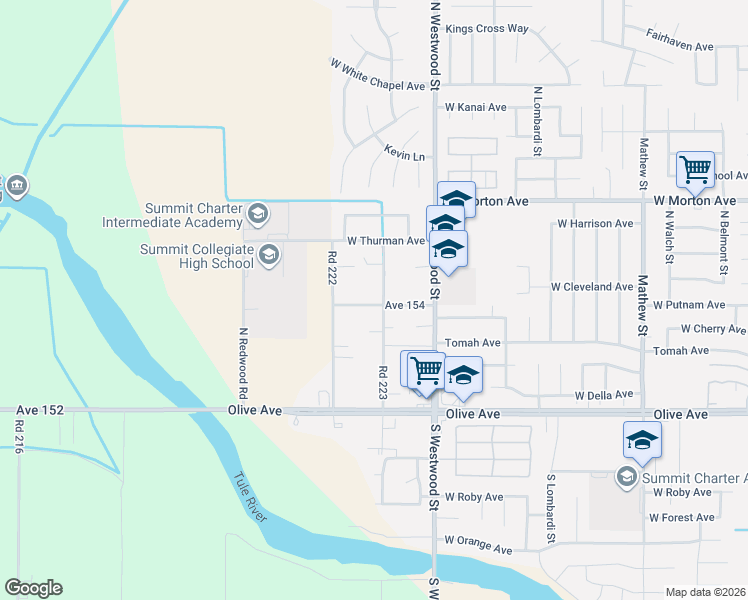 map of restaurants, bars, coffee shops, grocery stores, and more near 15386 Road 223 in Porterville