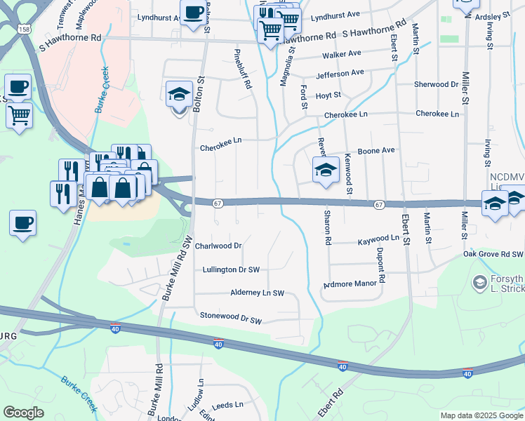 map of restaurants, bars, coffee shops, grocery stores, and more near 1511 Deerfield Court Southwest in Winston-Salem
