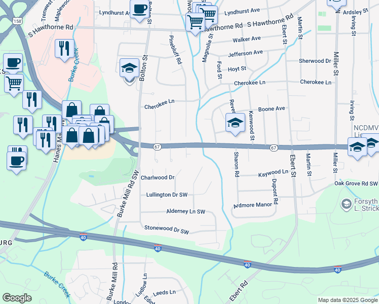 map of restaurants, bars, coffee shops, grocery stores, and more near 1511 Deerfield Court Southwest in Winston-Salem