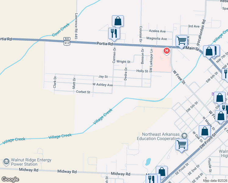 map of restaurants, bars, coffee shops, grocery stores, and more near 505 Carmen Drive in Walnut Ridge